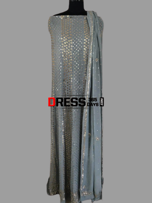 Grey Hand Embroidered Ring Mukaish Anarkali Suit Chikankari