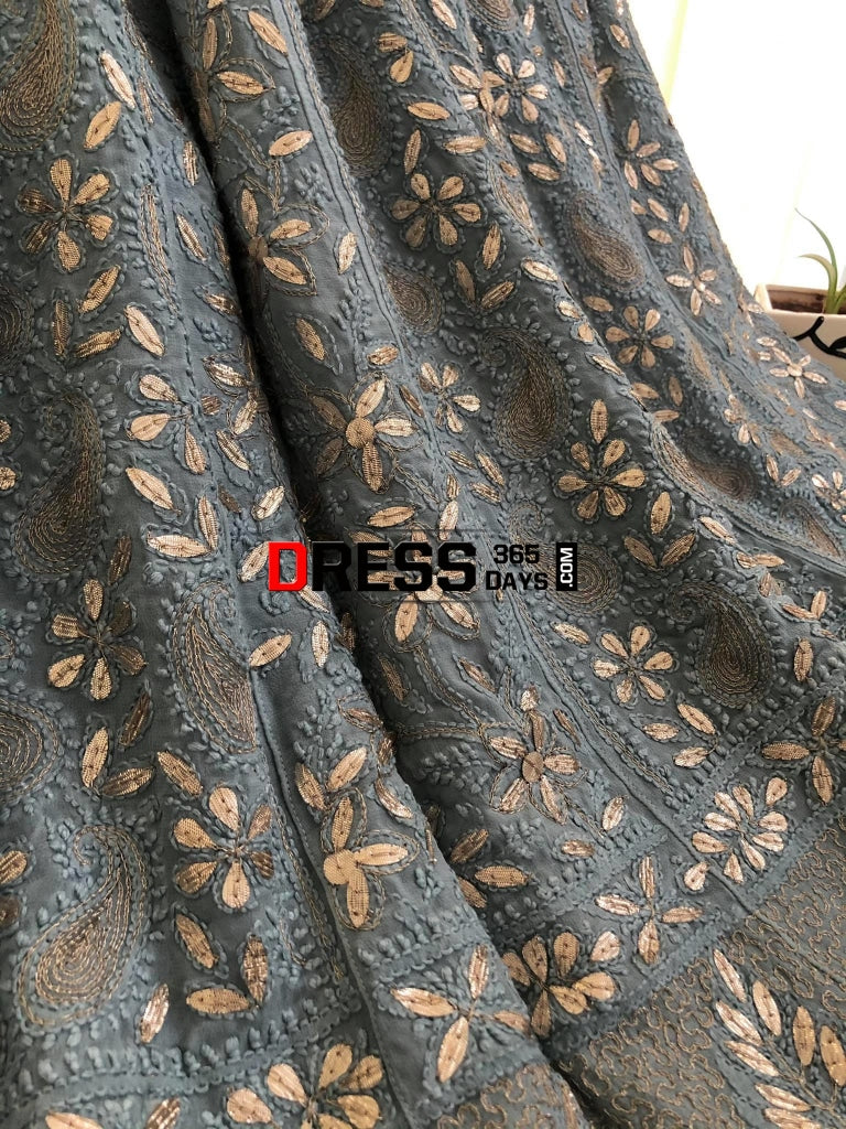 Grey Heavy Gota Patti Lucknowi Anarkali Suit Chikankari