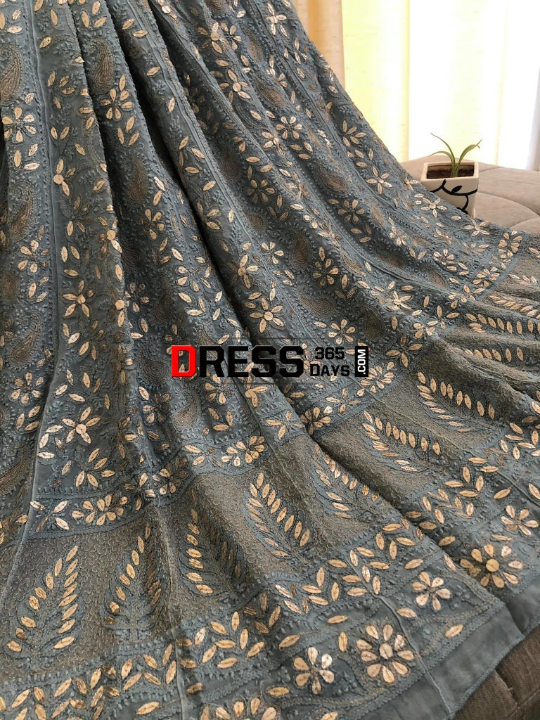 Grey Heavy Gota Patti Lucknowi Anarkali Suit Chikankari