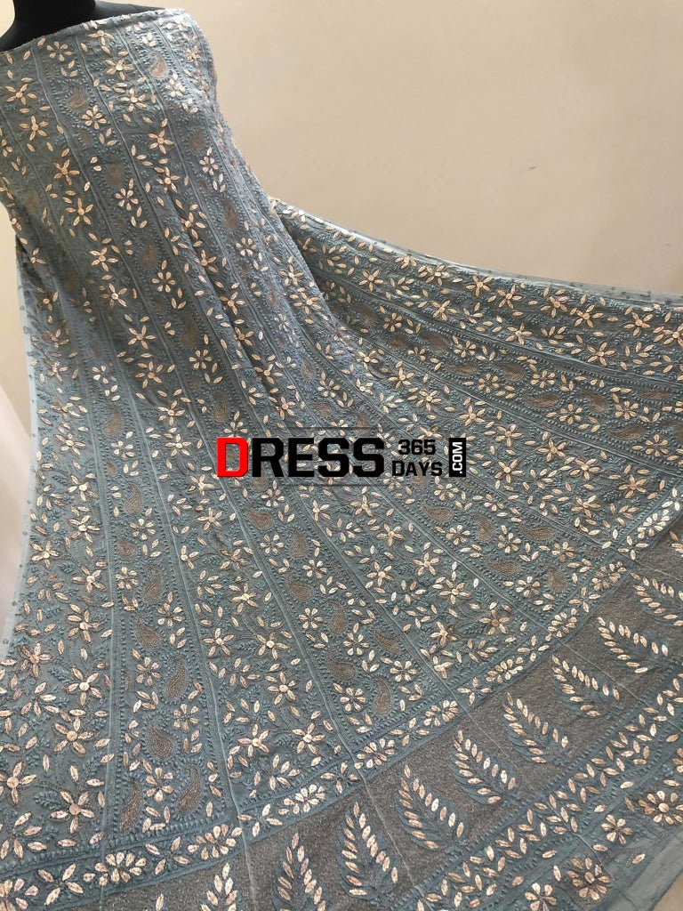Grey Heavy Gota Patti Lucknowi Anarkali Suit Chikankari