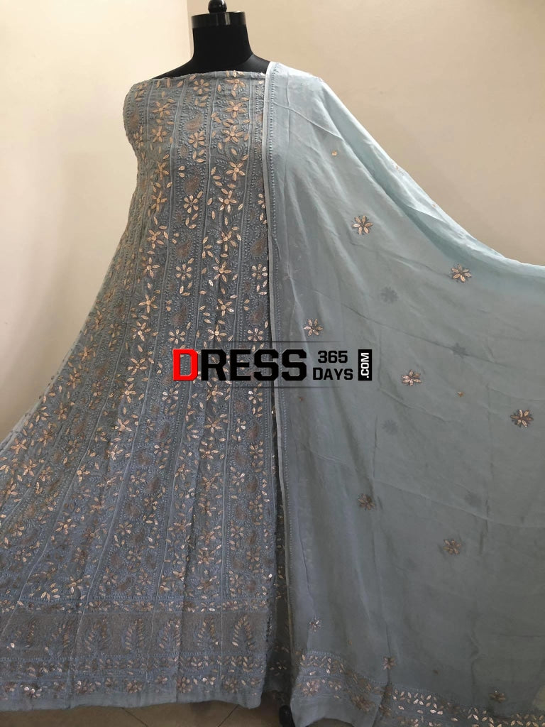 Grey Heavy Gota Patti Lucknowi Anarkali Suit Chikankari