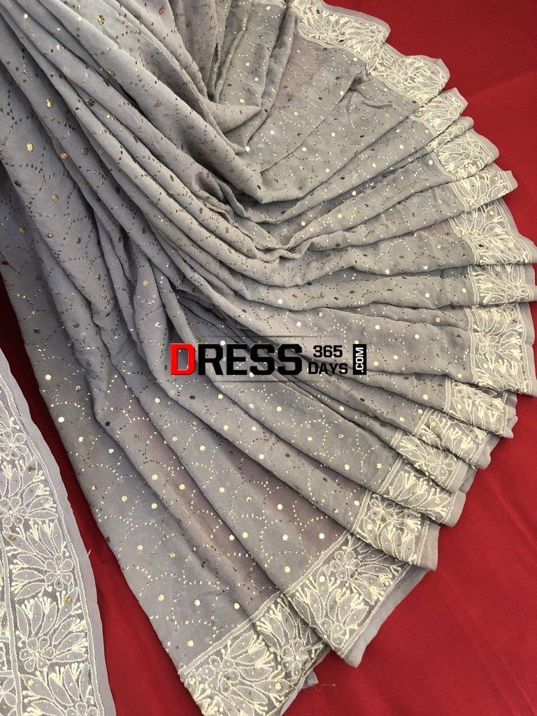 Grey Kamdani Chikankari Saree