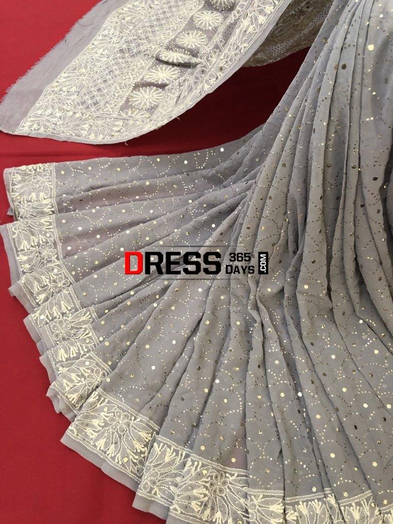 Grey Kamdani Chikankari Saree