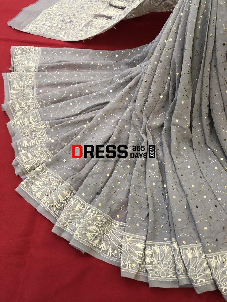 Grey Kamdani Chikankari Saree