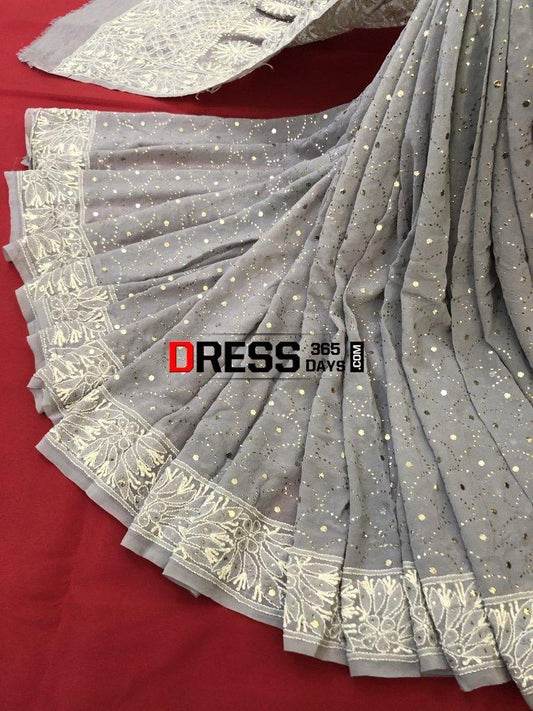Grey Kamdani Chikankari Saree