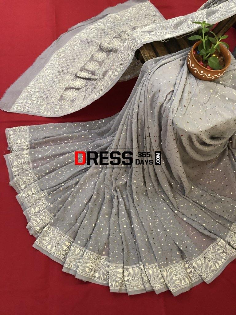 Grey Kamdani Chikankari Saree