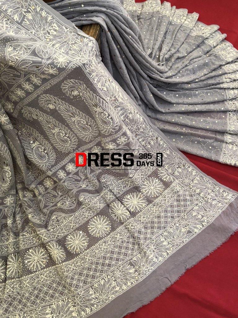 Grey Kamdani Chikankari Saree