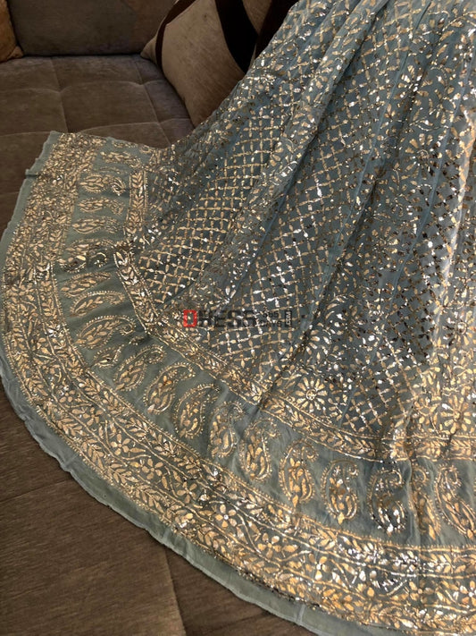 Grey Kamdani Partywear Anarkali Suit Chikankari