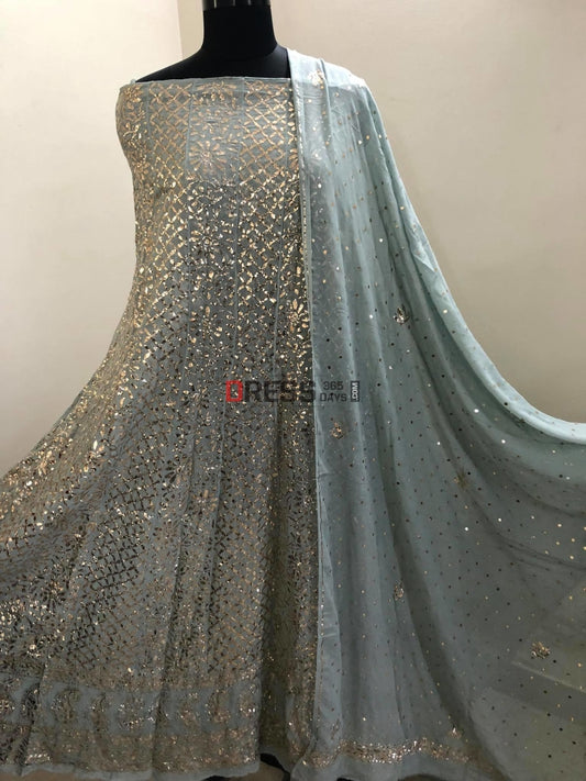 Grey Kamdani Partywear Anarkali Suit Chikankari