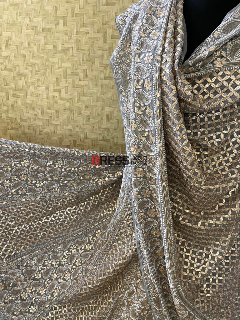 Grey Lucknowi Chikankari Gota Patti Lehenga Set