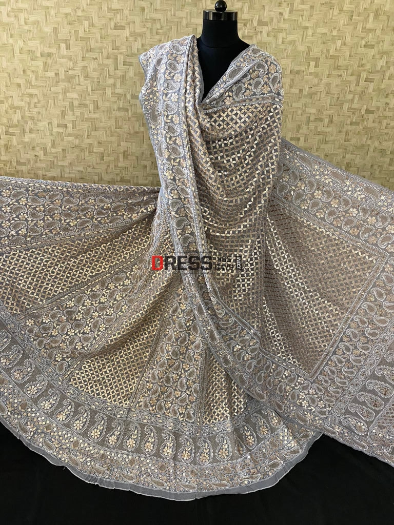 Grey Lucknowi Chikankari Gota Patti Lehenga Set