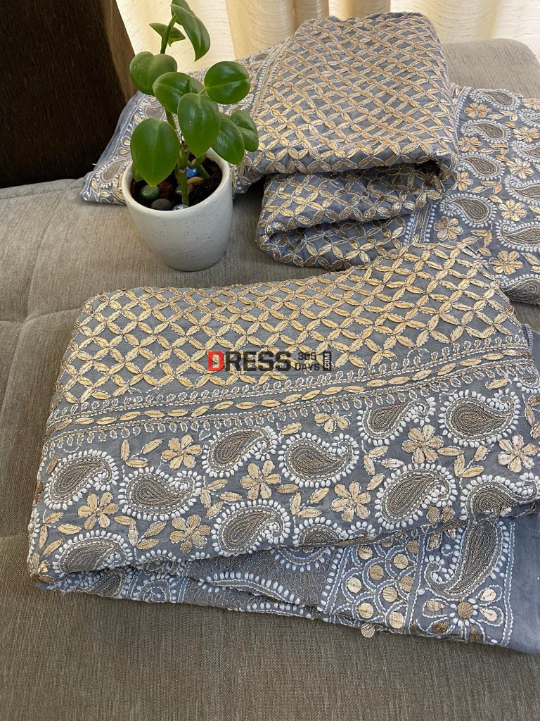 Grey Lucknowi Chikankari Gota Patti Lehenga Set
