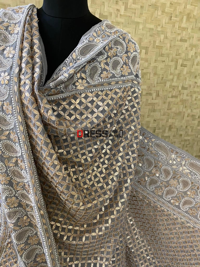Grey Lucknowi Chikankari Gota Patti Lehenga Set