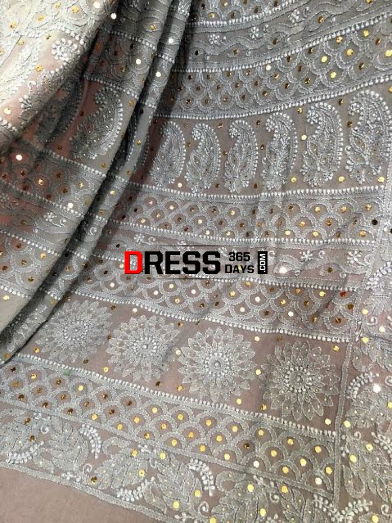 Grey Lucknowi Chikankari Saree With Mukaish Work