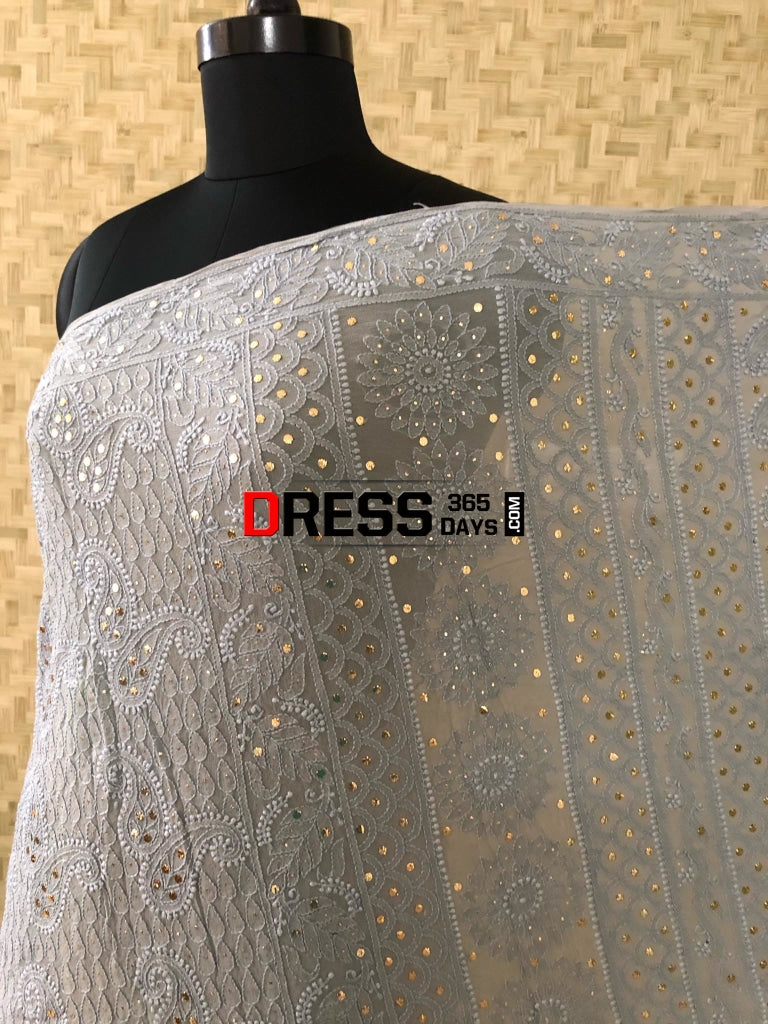 Grey Lucknowi Chikankari Saree With Mukaish Work