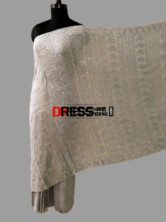 Grey Lucknowi Chikankari Saree With Mukaish Work