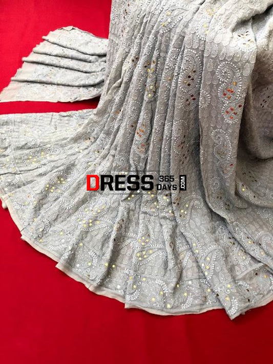 Grey Lucknowi Chikankari Saree With Mukaish Work