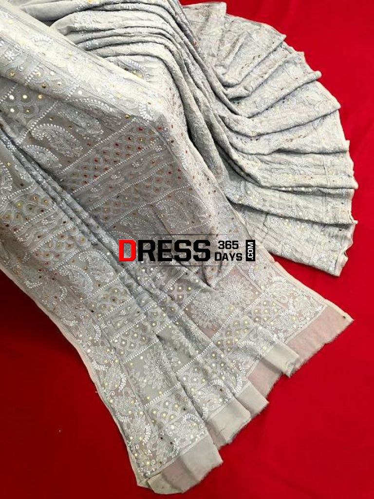 Grey Lucknowi Chikankari Saree With Mukaish Work