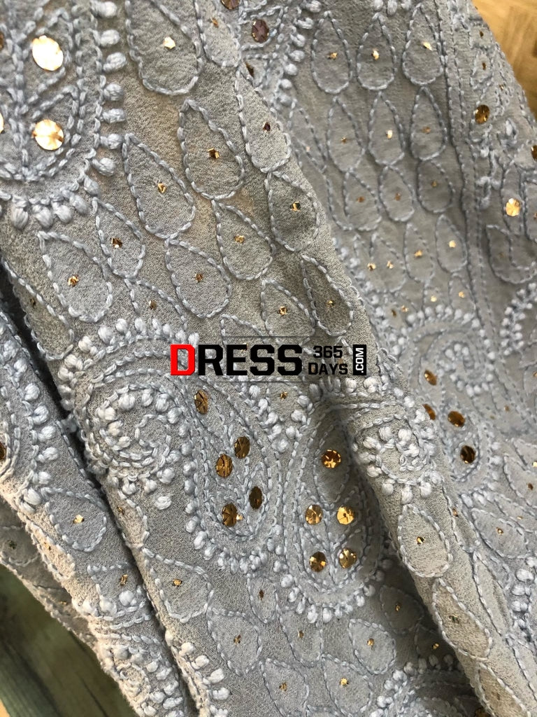Grey Lucknowi Chikankari Saree With Mukaish Work