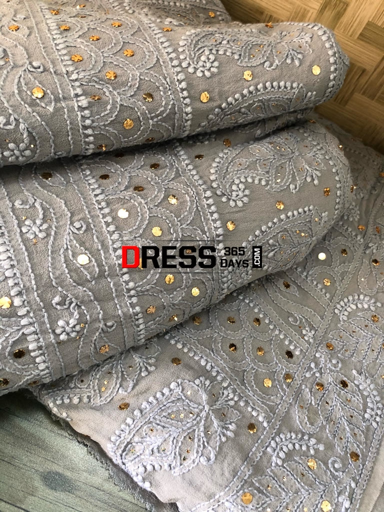Grey Lucknowi Chikankari Saree With Mukaish Work