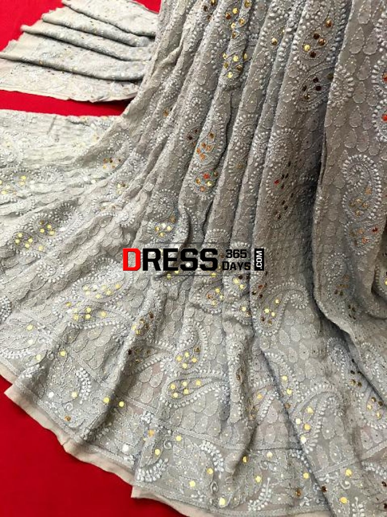 Grey Lucknowi Chikankari Saree With Mukaish Work