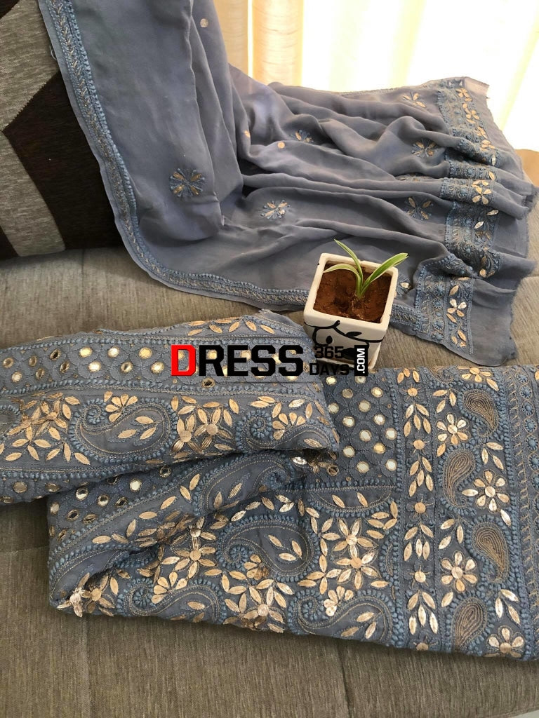Grey Mirror & Gota Patti Chikankari Anarkali Suit