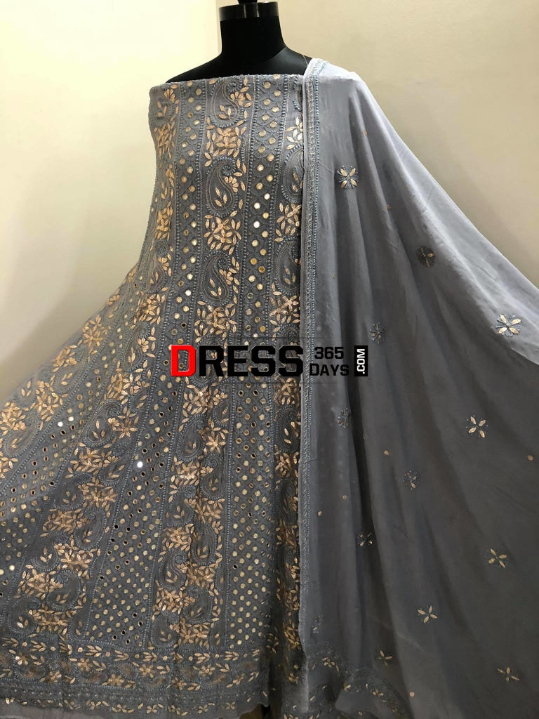 Grey Mirror & Gota Patti Chikankari Anarkali Suit