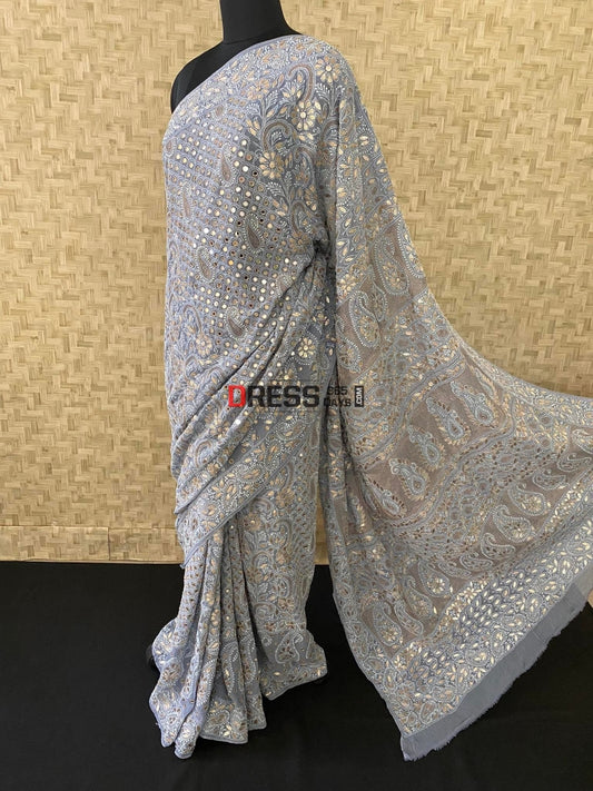 Grey Mirror & Gota Patti Chikankari Saree