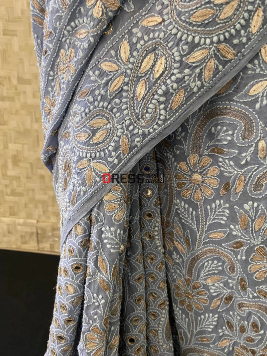 Grey Mirror & Gota Patti Chikankari Saree