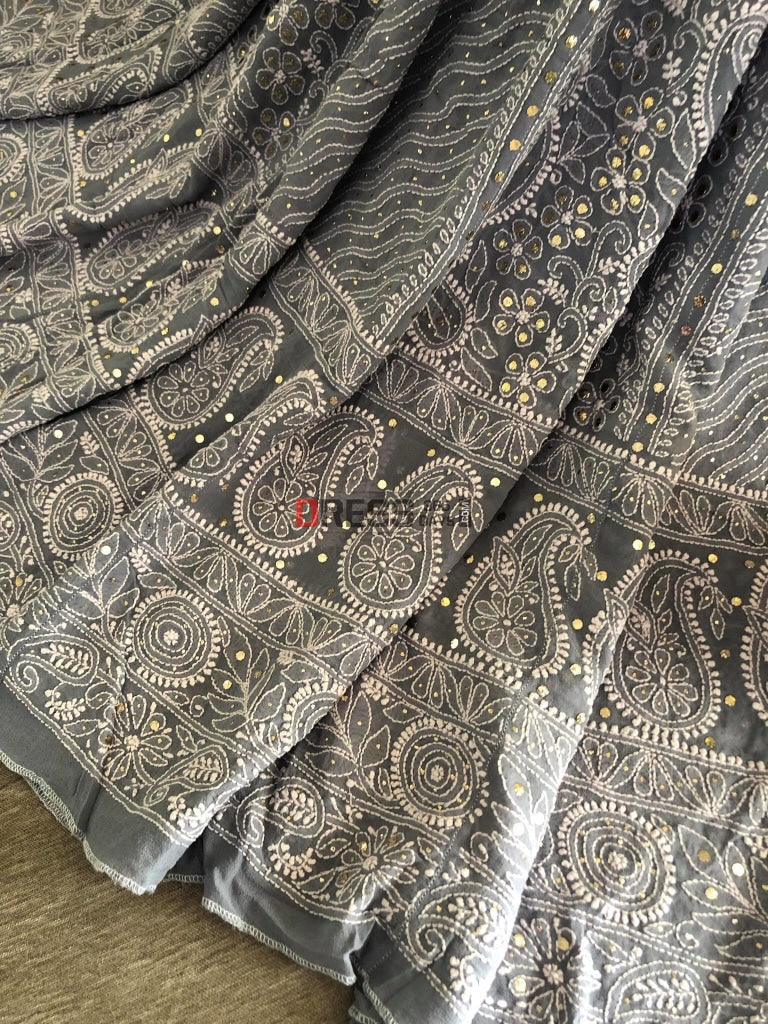 Grey Mukaish Chikankari Lehenga Skirt (Only Skirt)