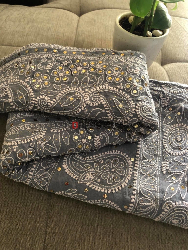 Grey Mukaish Chikankari Lehenga Skirt (Only Skirt)
