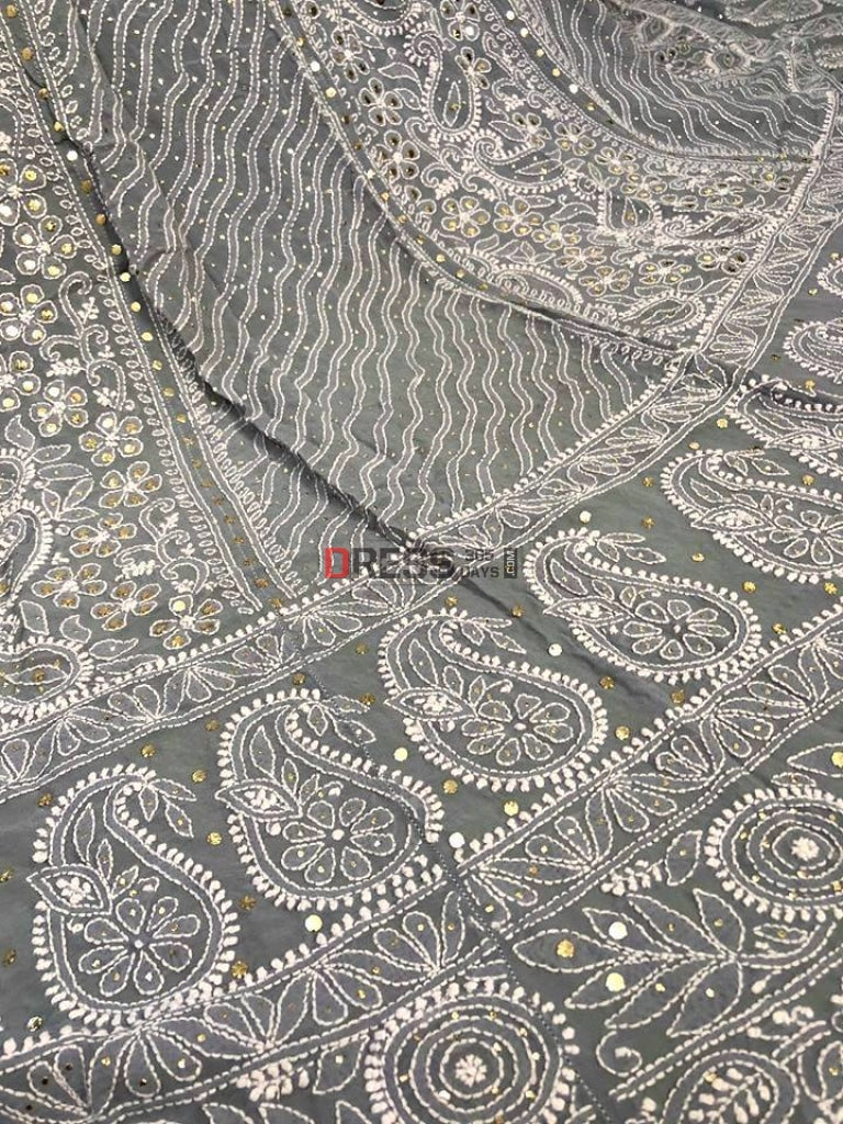 Grey Mukaish Chikankari Lehenga Skirt (Only Skirt)