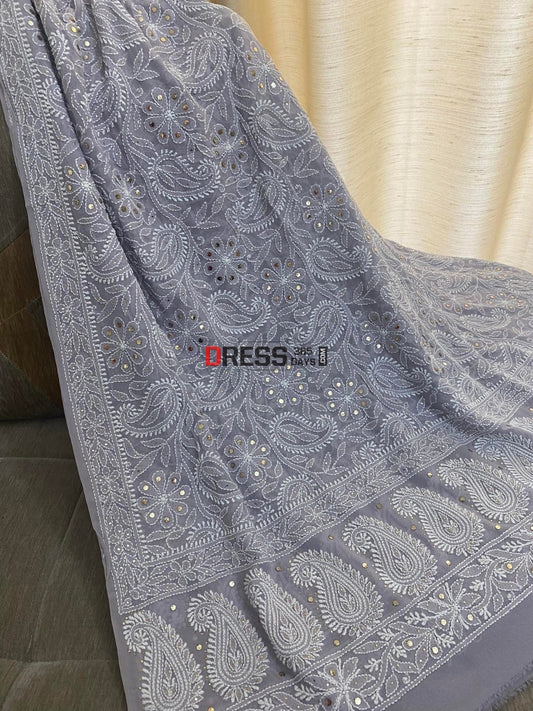 Grey Mukaish Lucknowi Chikankari Dupatta