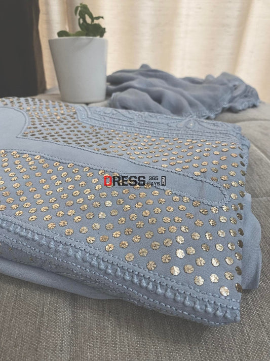 Grey Mukaish Neckline Chikankari Kurta Dupatta Suits