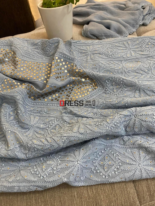 Grey Mukaish Neckline Chikankari Kurta Dupatta Suits