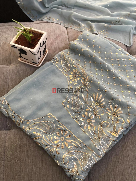 Grey Mukaish Work Kurta Dupatta Set Chikankari Suits