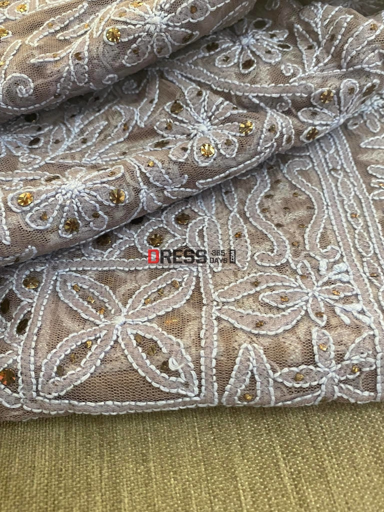 Grey Net Chikankari And Kamdani Anarkali Suit