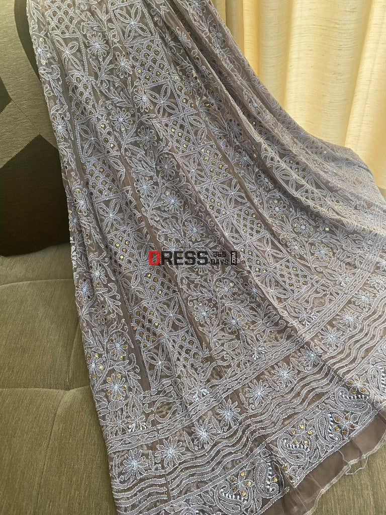 Grey Net Chikankari And Kamdani Anarkali Suit