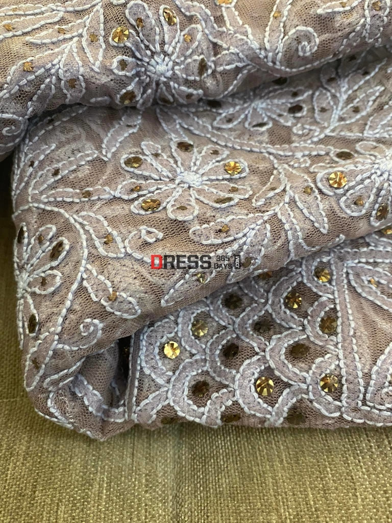 Grey Net Chikankari And Kamdani Anarkali Suit