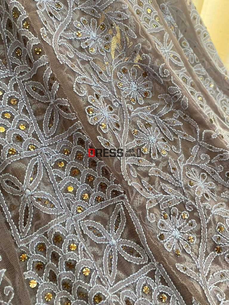 Grey Net Chikankari And Kamdani Anarkali Suit