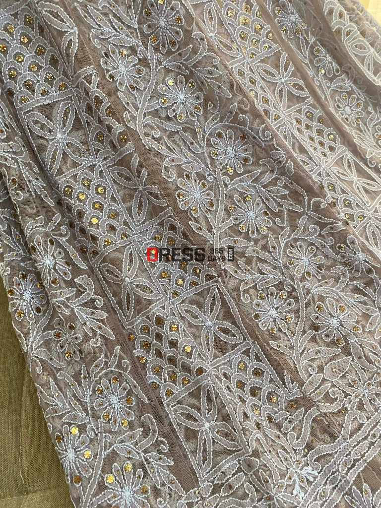 Grey Net Chikankari And Kamdani Anarkali Suit