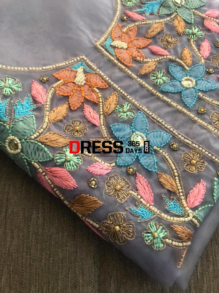 Grey Organza Beads Chikankari Suit Suits
