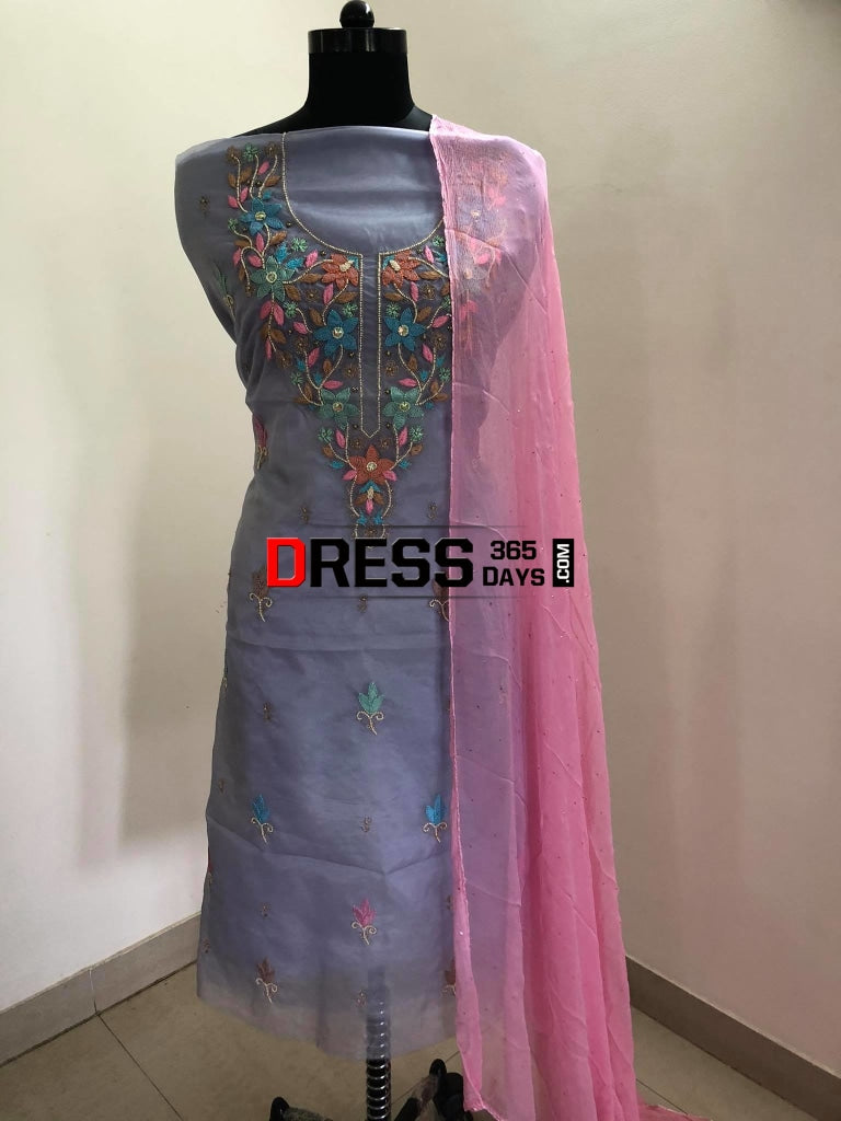 Grey Organza Beads Chikankari Suit Suits