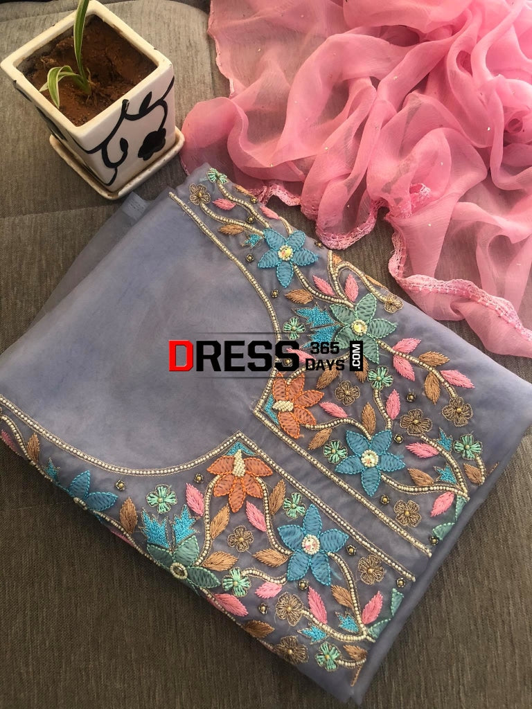Grey Organza Beads Chikankari Suit Suits