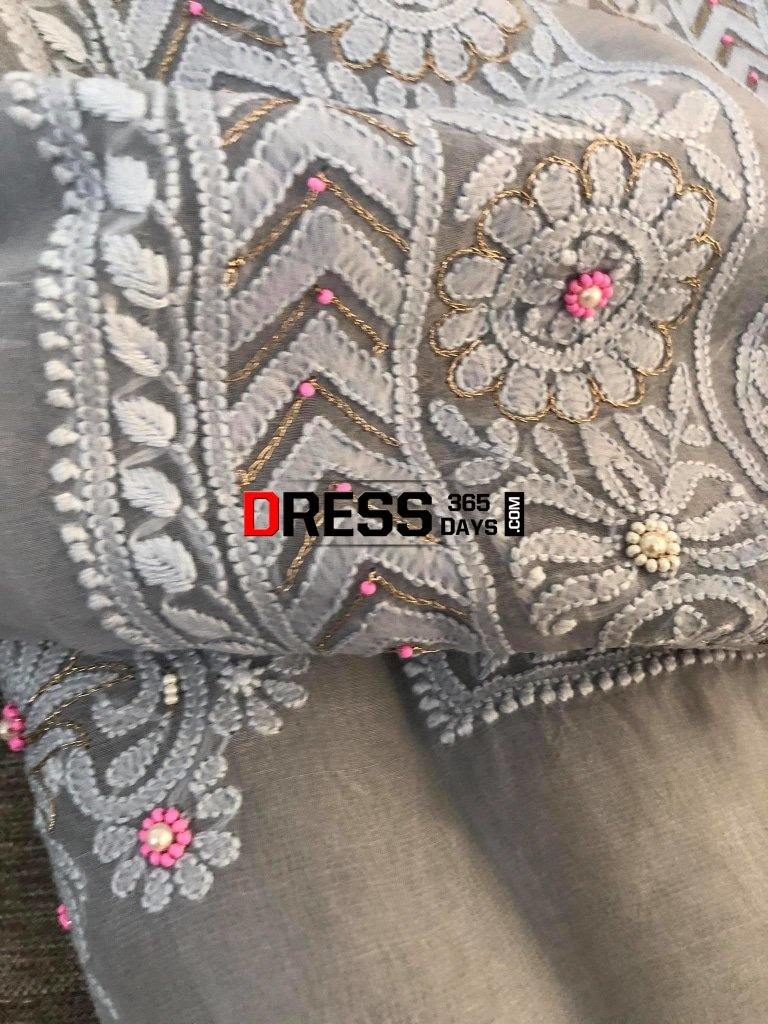 Grey Organza Beads Chikankari Suit With Pink Dupatta Suits