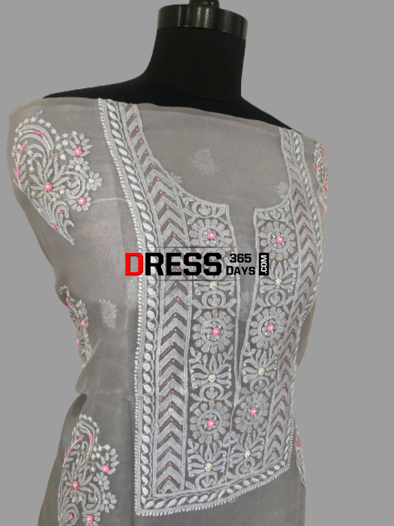 Grey Organza Beads Chikankari Suit With Pink Dupatta Suits