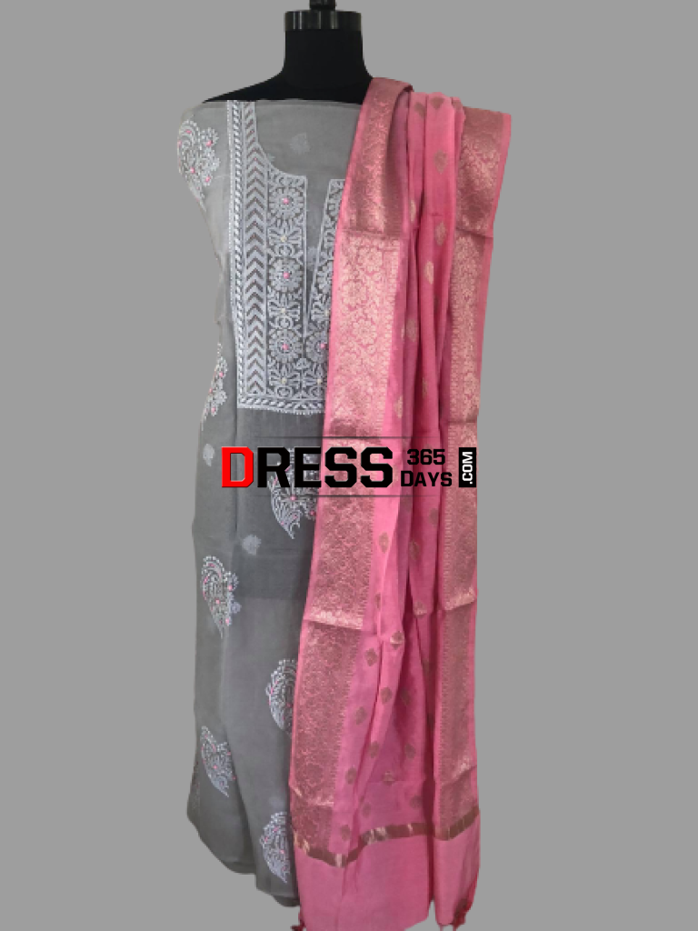 Grey Organza Beads Chikankari Suit With Pink Dupatta Suits