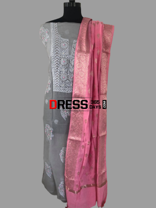 Grey Organza Beads Chikankari Suit With Pink Dupatta Suits