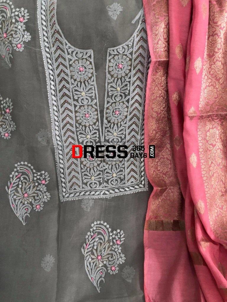 Grey Organza Beads Chikankari Suit With Pink Dupatta Suits