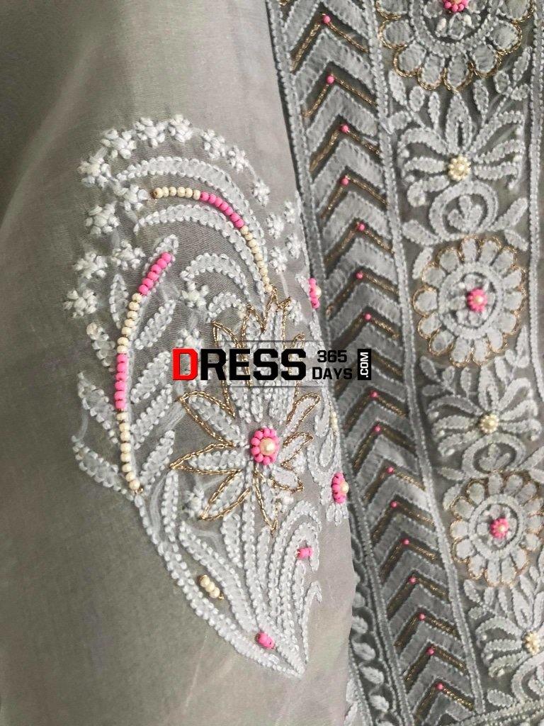 Grey Organza Beads Chikankari Suit With Pink Dupatta Suits